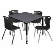 48 IN. SQUARE ADJUSTABLE CLASSROOM TABLE- GREY & 4 ANDY 18 IN. STACK CHAIRS- BLACK <FONT COLOR=GREEN>-FREE SHIPPING-</FONT>