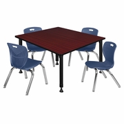 48 IN. SQUARE ADJUSTABLE CLASSROOM TABLE- MAHOGANY & 4 ANDY 12 IN. STACK CHAIRS- BLUE <FONT COLOR=GREEN>-FREE SHIPPING-</FONT>