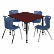48 IN. SQUARE ADJUSTABLE CLASSROOM TABLE- MAHOGANY & 4 ANDY 18 IN. STACK CHAIRS- BLUE <FONT COLOR=GREEN>-FREE SHIPPING-</FONT>