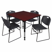 48 IN. SQUARE ADJUSTABLE CLASSROOM TABLE- MAHOGANY & 4 STACK CHAIRS- BLACK <FONT COLOR=GREEN>-FREE SHIPPING-</FONT>