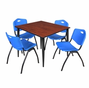 48 IN. SQUARE BREAKROOM TABLE- CHERRY TOP, BLACK BASE & 4 M STACK CHAIRS- BLUE <FONT COLOR=GREEN>-FREE SHIPPING-</FONT>