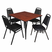 48 IN. SQUARE BREAKROOM TABLE- CHERRY TOP, BLACK BASE & 4 RESTAURANT STACK CHAIRS- BLACK <FONT COLOR=GREEN>-FREE SHIPPING-</FONT>