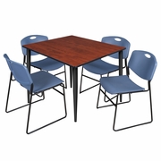 48 IN. SQUARE BREAKROOM TABLE- CHERRY TOP, BLACK BASE & 4 STACK CHAIRS- BLUE <FONT COLOR=GREEN>-FREE SHIPPING-</FONT>