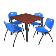 48 IN SQUARE BREAKROOM TABLE- CHERRY TOP, BLACK LEGS, 4 M STACK CHAIRS- BLUE <FONT COLOR=GREEN>-FREE SHIPPING-</FONT>