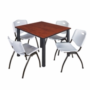 48 IN SQUARE BREAKROOM TABLE- CHERRY TOP, BLACK LEGS, 4 M STACK CHAIRS- GREY <FONT COLOR=GREEN>-FREE SHIPPING-</FONT>