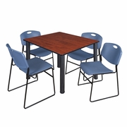48 IN SQUARE BREAKROOM TABLE- CHERRY TOP, BLACK LEGS, 4 STACK CHAIRS- BLUE <FONT COLOR=GREEN>-FREE SHIPPING-</FONT>
