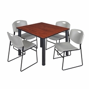 48 IN SQUARE BREAKROOM TABLE- CHERRY TOP, BLACK LEGS, 4 STACK CHAIRS- GREY <FONT COLOR=GREEN>-FREE SHIPPING-</FONT>
