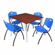 48 IN. SQUARE BREAKROOM TABLE- CHERRY TOP, CHROME BASE & 4 M STACK CHAIRS- BLUE <FONT COLOR=GREEN>-FREE SHIPPING-</FONT>