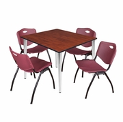 48 IN. SQUARE BREAKROOM TABLE- CHERRY TOP, CHROME BASE & 4 M STACK CHAIRS- BURGUNDY <FONT COLOR=GREEN>-FREE SHIPPING-</FONT>