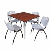48 IN. SQUARE BREAKROOM TABLE- CHERRY TOP, CHROME BASE & 4 M STACK CHAIRS- GREY <FONT COLOR=GREEN>-FREE SHIPPING-</FONT>