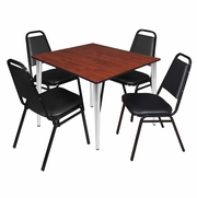 48 IN. SQUARE BREAKROOM TABLE- CHERRY TOP, CHROME BASE & 4 RESTAURANT STACK CHAIRS- BLACK <FONT COLOR=GREEN>-FREE SHIPPING-</FONT>