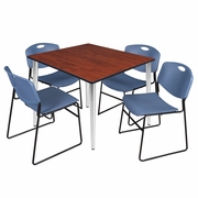 48 IN. SQUARE BREAKROOM TABLE- CHERRY TOP, CHROME BASE & 4 STACK CHAIRS- BLUE <FONT COLOR=GREEN>-FREE SHIPPING-</FONT>