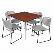 48 IN. SQUARE BREAKROOM TABLE- CHERRY TOP, CHROME BASE & 4 STACK CHAIRS- GREY <FONT COLOR=GREEN>-FREE SHIPPING-</FONT>