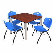 48 IN SQUARE BREAKROOM TABLE- CHERRY TOP, CHROME LEGS, 4 M STACK CHAIRS- BLUE <FONT COLOR=GREEN>-FREE SHIPPING-</FONT>