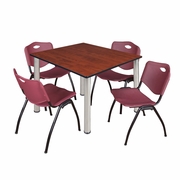 48 IN SQUARE BREAKROOM TABLE- CHERRY TOP, CHROME LEGS, 4 M STACK CHAIRS- BURGUNDY <FONT COLOR=GREEN>-FREE SHIPPING-</FONT>
