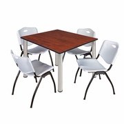 48 IN SQUARE BREAKROOM TABLE- CHERRY TOP, CHROME LEGS, 4 M STACK CHAIRS- GREY <FONT COLOR=GREEN>-FREE SHIPPING-</FONT>