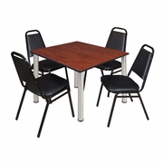 48 IN SQUARE BREAKROOM TABLE- CHERRY TOP, CHROME LEGS, 4 RESTAURANT STACK CHAIRS <FONT COLOR=GREEN>-FREE SHIPPING-</FONT>