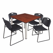 48 IN SQUARE BREAKROOM TABLE- CHERRY TOP, CHROME LEGS, 4 STACK CHAIRS- BLACK <FONT COLOR=GREEN>-FREE SHIPPING-</FONT>