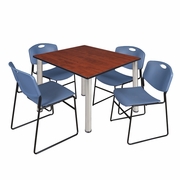 48 IN SQUARE BREAKROOM TABLE- CHERRY TOP, CHROME LEGS, 4 STACK CHAIRS- BLUE <FONT COLOR=GREEN>-FREE SHIPPING-</FONT>