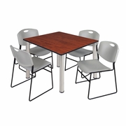 48 IN SQUARE BREAKROOM TABLE- CHERRY TOP, CHROME LEGS, 4 STACK CHAIRS- GREY <FONT COLOR=GREEN>-FREE SHIPPING-</FONT>