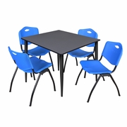 48 IN. SQUARE BREAKROOM TABLE- GREY TOP, BLACK BASE & 4 M STACK CHAIRS- BLUE <FONT COLOR=GREEN>-FREE SHIPPING-</FONT>