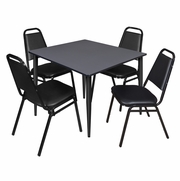 48 IN. SQUARE BREAKROOM TABLE- GREY TOP, BLACK BASE & 4 RESTAURANT STACK CHAIRS- BLACK <FONT COLOR=GREEN>-FREE SHIPPING-</FONT>