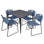 48 IN. SQUARE BREAKROOM TABLE- GREY TOP, BLACK BASE & 4 STACK CHAIRS- BLUE <FONT COLOR=GREEN>-FREE SHIPPING-</FONT>