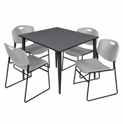 48 IN. SQUARE BREAKROOM TABLE- GREY TOP, BLACK BASE & 4 STACK CHAIRS- GREY <FONT COLOR=GREEN>-FREE SHIPPING-</FONT>