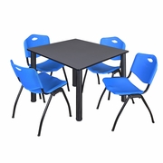 48 IN SQUARE BREAKROOM TABLE- GREY TOP, BLACK LEGS, 4 M STACK CHAIRS- BLUE <FONT COLOR=GREEN>-FREE SHIPPING-</FONT>
