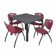 48 IN SQUARE BREAKROOM TABLE- GREY TOP, BLACK LEGS, 4 M STACK CHAIRS- BURGUNDY <FONT COLOR=GREEN>-FREE SHIPPING-</FONT>