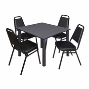 48 IN SQUARE BREAKROOM TABLE- GREY TOP, BLACK LEGS, 4 RESTAURANT STACK CHAIRS <FONT COLOR=GREEN>-FREE SHIPPING-</FONT>
