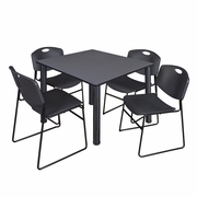 48 IN SQUARE BREAKROOM TABLE- GREY TOP, BLACK LEGS, 4 STACK CHAIRS- BLACK <FONT COLOR=GREEN>-FREE SHIPPING-</FONT>