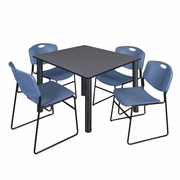 48 IN SQUARE BREAKROOM TABLE- GREY TOP, BLACK LEGS, 4 STACK CHAIRS- BLUE <FONT COLOR=GREEN>-FREE SHIPPING-</FONT>