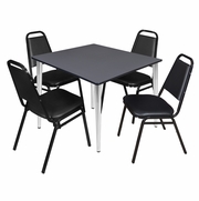 48 IN. SQUARE BREAKROOM TABLE- GREY TOP, CHROME BASE & 4 RESTAURANT STACK CHAIRS- BLACK <FONT COLOR=GREEN>-FREE SHIPPING-</FONT>