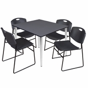 48 IN. SQUARE BREAKROOM TABLE- GREY TOP, CHROME BASE & 4 STACK CHAIRS- BLACK <FONT COLOR=GREEN>-FREE SHIPPING-</FONT>