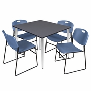 48 IN. SQUARE BREAKROOM TABLE- GREY TOP, CHROME BASE & 4 STACK CHAIRS- BLUE <FONT COLOR=GREEN>-FREE SHIPPING-</FONT>