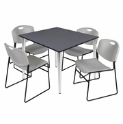 48 IN. SQUARE BREAKROOM TABLE- GREY TOP, CHROME BASE & 4 STACK CHAIRS- GREY <FONT COLOR=GREEN>-FREE SHIPPING-</FONT>