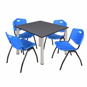 48 IN SQUARE BREAKROOM TABLE- GREY TOP, CHROME LEGS, 4 M STACK CHAIRS- BLUE <FONT COLOR=GREEN>-FREE SHIPPING-</FONT>
