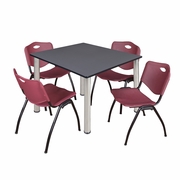 48 IN SQUARE BREAKROOM TABLE- GREY TOP, CHROME LEGS, 4 M STACK CHAIRS- BURGUNDY <FONT COLOR=GREEN>-FREE SHIPPING-</FONT>