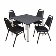 48 IN SQUARE BREAKROOM TABLE- GREY TOP, CHROME LEGS, 4 RESTAURANT STACK CHAIRS <FONT COLOR=GREEN>-FREE SHIPPING-</FONT>