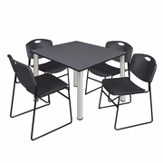 48 IN SQUARE BREAKROOM TABLE- GREY TOP, CHROME LEGS, 4 STACK CHAIRS- BLACK <FONT COLOR=GREEN>-FREE SHIPPING-</FONT>