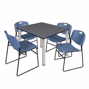 48 IN SQUARE BREAKROOM TABLE- GREY TOP, CHROME LEGS, 4 STACK CHAIRS- BLUE <FONT COLOR=GREEN>-FREE SHIPPING-</FONT>