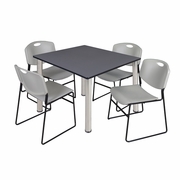 48 IN SQUARE BREAKROOM TABLE- GREY TOP, CHROME LEGS, 4 STACK CHAIRS- GREY <FONT COLOR=GREEN>-FREE SHIPPING-</FONT>