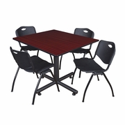 48 IN. SQUARE BREAKROOM TABLE- MAHOGANY, 4 M STACK CHAIRS- BLACK <FONT COLOR=GREEN>-FREE SHIPPING-</FONT>