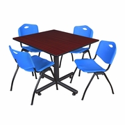48 IN. SQUARE BREAKROOM TABLE- MAHOGANY, 4 M STACK CHAIRS- BLUE <FONT COLOR=GREEN>-FREE SHIPPING-</FONT>