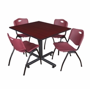 48 IN. SQUARE BREAKROOM TABLE- MAHOGANY, 4 M STACK CHAIRS- BURGUNDY <FONT COLOR=GREEN>-FREE SHIPPING-</FONT>