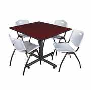 48 IN. SQUARE BREAKROOM TABLE- MAHOGANY, 4 M STACK CHAIRS- GREY <FONT COLOR=GREEN>-FREE SHIPPING-</FONT>