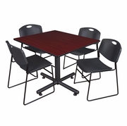 48 IN. SQUARE BREAKROOM TABLE- MAHOGANY, 4 STACK CHAIRS- BLACK <FONT COLOR=GREEN>-FREE SHIPPING-</FONT>