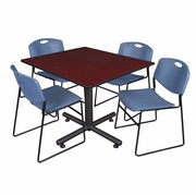 48 IN. SQUARE BREAKROOM TABLE- MAHOGANY, 4 STACK CHAIRS- BLUE <FONT COLOR=GREEN>-FREE SHIPPING-</FONT>