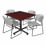 48 IN. SQUARE BREAKROOM TABLE- MAHOGANY, 4 STACK CHAIRS- GREY <FONT COLOR=GREEN>-FREE SHIPPING-</FONT>